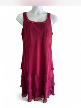 SLNY Berry Sleeveless Beaded Scoop Neck Tiered Midi Dress